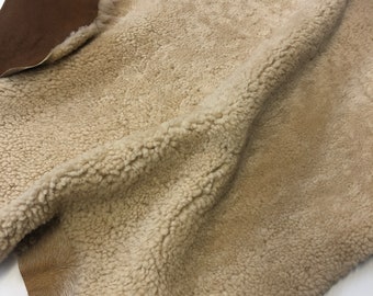 Sheepskin Authentic Small Curl Leather, Beige Shearling Dark Tan Nappa Leather, Hair on Sheepskin, Natural Shearling Wool