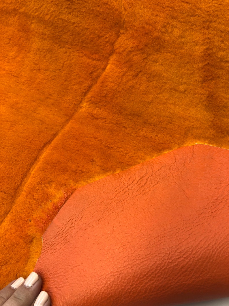 May include: A piece of orange faux fur fabric with a smooth orange leather backing.
