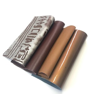 LEATHER 10&quot;x10&quot;/Set of 4/Dark Tan Red Brown Lambskin Leather/Patent Metallic Brown Cowhide and Hieroglyphics Leather Silver/0.7-1.2mm