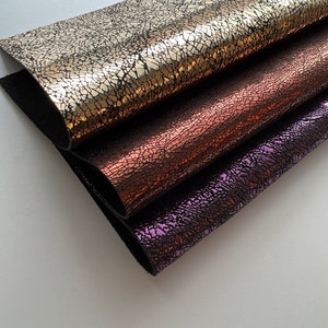 LEATHER  8”x8”, Set of 3 leather sheets-Metallic Leather-Crackled Leather-Bronze, Purple, Gold LEATHER