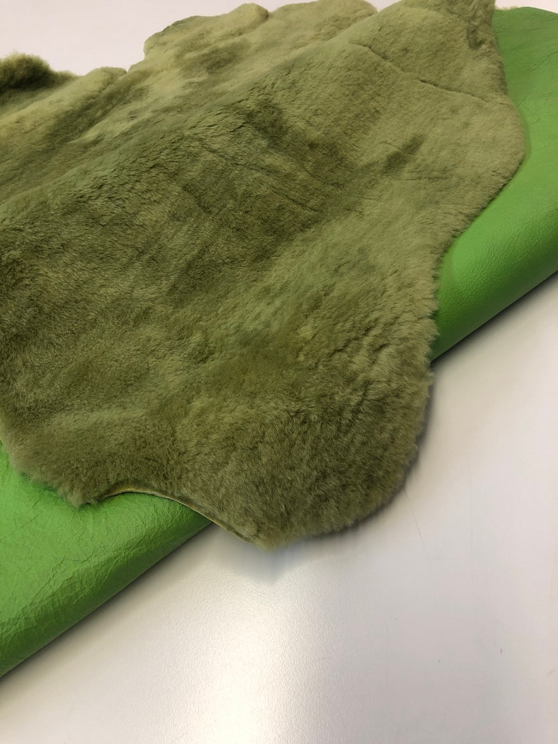 Green Natural Sheepskin Authentic Leather, Jade Green Shearling Hair Color, Neon Green Nappa Leather back, Hair on Sheepskin, Wool image 3