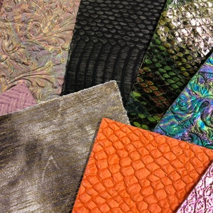 LEATHER  Starter Pack/MYSTERY/Sample/ Choose Your Size Pack/Assorted Colors patterns and thickness/ Unique/No Two are alike Size 4”x5.5”