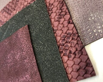 May include: Four different textured fabric swatches in shades of purple, brown, and green. The swatches are arranged in a triangular shape.