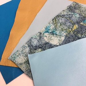 LEATHER Hides, Shades of Blue, Turquoise and Gold GENUINE leather, pretty printed Suede, Choose Your Size Genuine Leather and Suede Hides