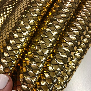 LEATHER 12&quot;x20&quot; METALLIC SNAKESKIN/Genuine Lambskin Leather/Bright Vivid Metallic Gold Snake Scale/thickness 0.6-.07mm hide