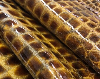 LEATHER PATENT Olive Btown tone crocodile genuine lambskin hide/ pattern realistic looking/ genuine leather skin, embossed leather hide