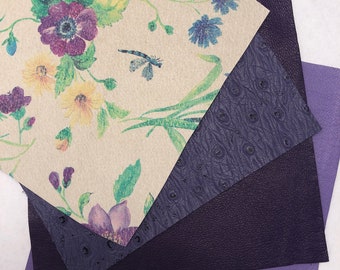 PURPLE LEATHER FLORAL Suede Shades of Purple Crafting Set 4 leather sheets, green, purple flowers, butterflies, Lavender, Purple Ostrich