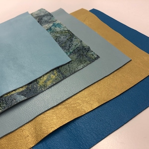 Real LEATHER BLUE Shades of Blue, Turquoise and Gold GENUINE leather, Floral Suede, Choose Your Size, 0.6mm, Genuine Leather and Suede Hides