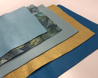 Real LEATHER BLUE Shades of Blue, Turquoise and Gold GENUINE leather, Floral Suede, Choose Your Size, 0.6mm, Genuine Leather and Suede Hides