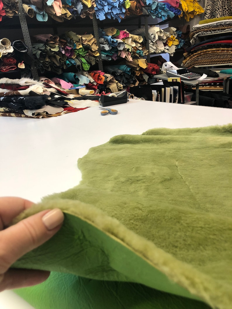 Green Natural Sheepskin Authentic Leather, Jade Green Shearling Hair Color, Neon Green Nappa Leather back, Hair on Sheepskin, Wool image 10