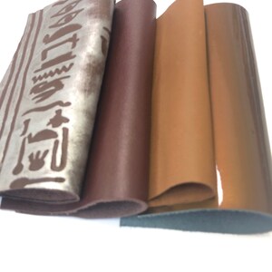 LEATHER 5&quot;x5&quot;/Set of 4/Dark Tan Red Brown Lambskin Leather/Patent Metallic Brown Cowhide and Hieroglyphics Leather Silver/0.7-1.2mm