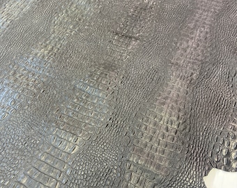 GENUINE CROCODILE Goatskin LEATHER Black Embossed Hornback Croc,