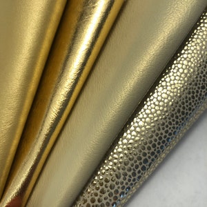 LEATHER METALLIC GENUINE Gold metallic, pearlized champagne, pale gold metallic, bright shiny gold tiny spots 1.4mm, soft supple leather