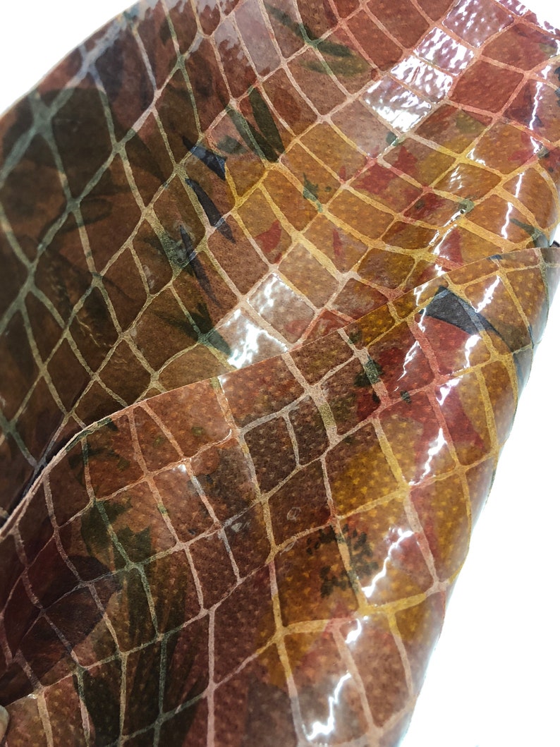 LEATHER SHEET Rust Cogniac Color Large Printed Crocodile with Floral Large Undertone Print in Dark Green Navy Dark Red Thickness 0.7mm