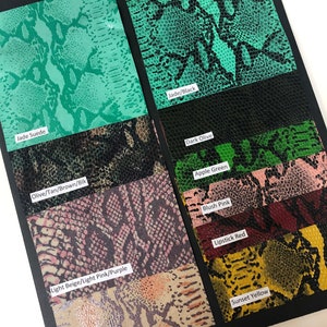 May include: A chart of different colored snake skin patterns. The colors include jade, dark olive, olive, tan, brown, black, apple green, blush pink, light beige, light pink, purple, lipstick red, nude, brown, peach, and sunset yellow.