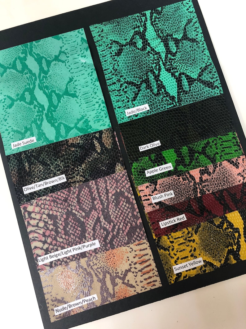 May include: A chart of different colored snake skin patterns. The colors include jade, dark olive, olive, tan, brown, black, apple green, blush pink, light beige, light pink, purple, lipstick red, nude, brown, peach, and sunset yellow.