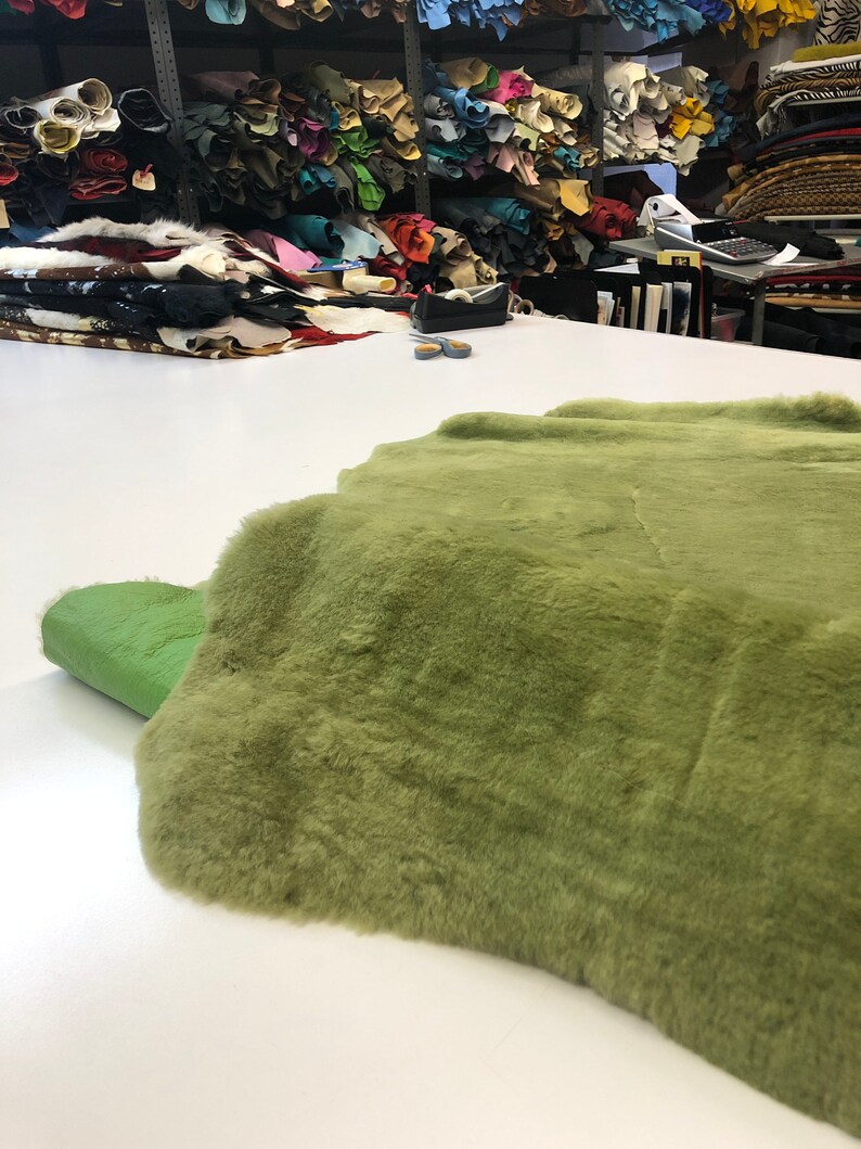 Green Natural Sheepskin Authentic Leather, Jade Green Shearling Hair Color, Neon Green Nappa Leather back, Hair on Sheepskin, Wool image 8