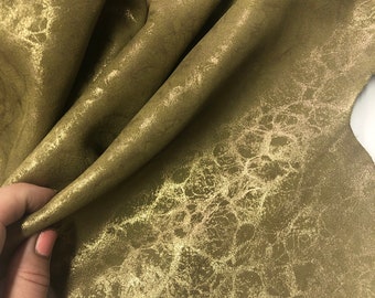 LEATHER SUEDE OLIVE Calfskin Suede Gold Splash Print/ thickness 1.5mm/Shiny Gold Printed Suede/ Crafting Leather/Choose your size