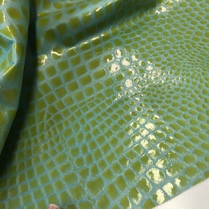 LEATHER CROCO 12&quot;X24&quot; Blue Green PATENT, Real Genuine Lambskin Leather/Embossed Croco Alligator Print Hide,thickness 1.1mm