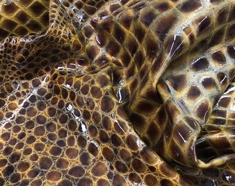 Brown Olive Patent Lambskin Leather Hide, Embossed Crocodile