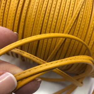LEATHER 3/16" Drawstring STITCHED LEATHER trim-Mustard Dark Gold Yellow Leather Straps-Leather hoop- Leather Tie-bag leather handle