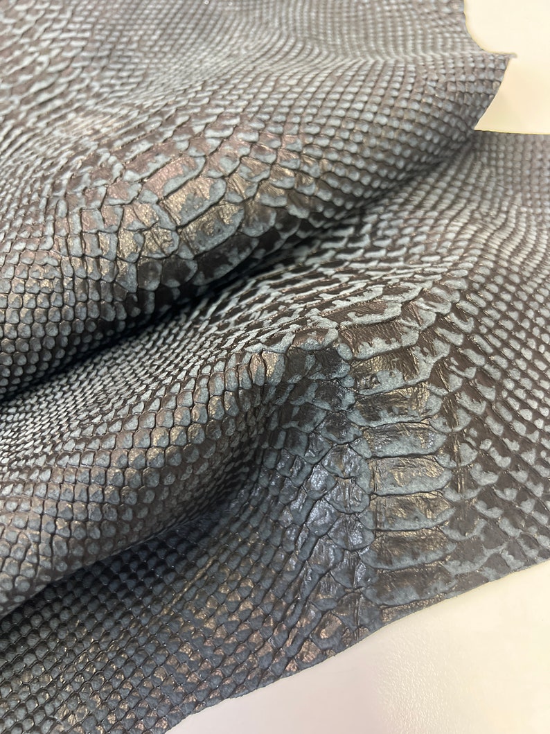 Puede incluir: Primer plano de una piel de serpiente azul oscuro con un patr&oacute;n texturizado y escamoso.