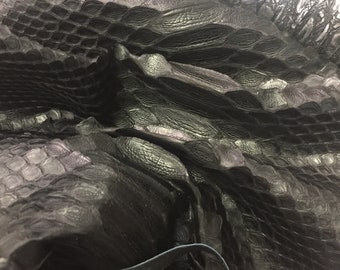 Black Matte Python Leather Skin, Genuine Snakeskin Hide
