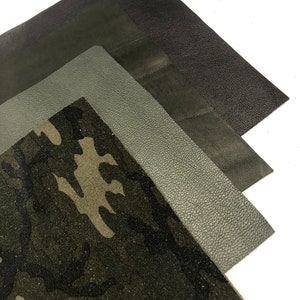 CAMOUFLAGE ARMY OLIVE and Black Genuine Leather and Suede, Soft lightweight leather in Black, Olive, Dark Olive, Camo print Calfskin Suede