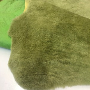 Green Natural Sheepskin Authentic Leather, Jade Green Shearling Hair Color, Neon Green Nappa Leather back, Hair on Sheepskin, Wool image 2