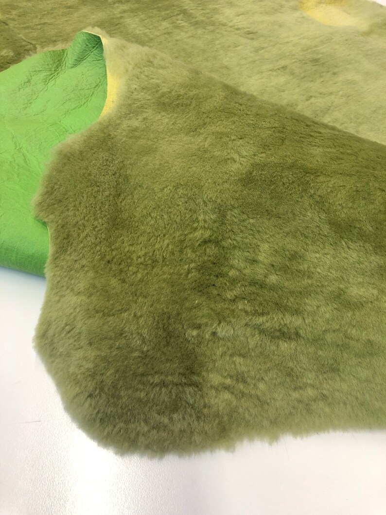 Green Natural Sheepskin Authentic Leather, Jade Green Shearling Hair Color, Neon Green Nappa Leather back, Hair on Sheepskin, Wool image 2