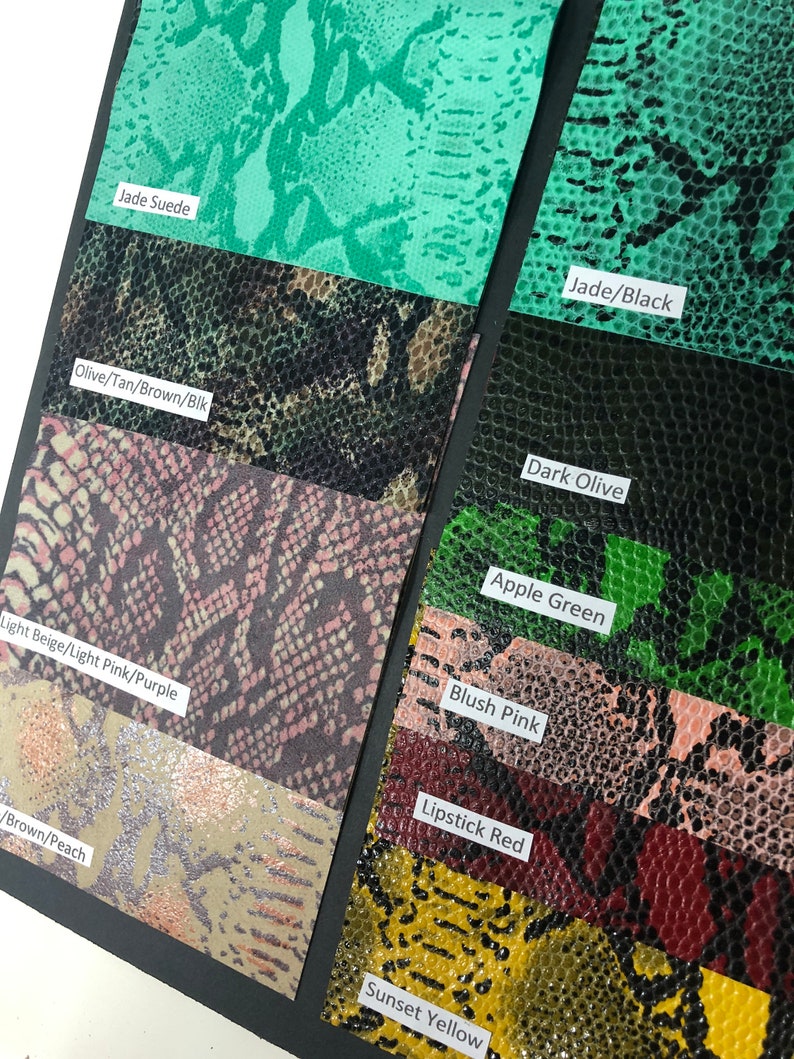 May include: A collection of fabric swatches in various colors and patterns, including jade suede, jade/black, dark olive, olive/tan/brown/blk, apple green, blush pink, light beige/light pink/purple, lipstick red, /brown/peach, and sunset yellow.