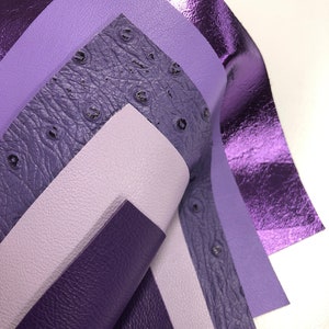 PURPLE LEATHER SET/ 5 pcs set/ Lilac/Lavender/Purple Print Ostrich/Metallic Purple/ Genuine Leather Sheet/thickness 0.6mm/soft thin leather