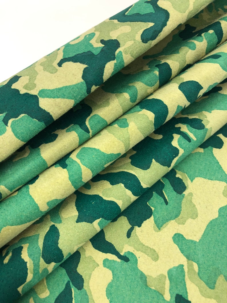 LEATHER CAMOUFLAGE Genuine Suede/GREEN tones Teal, Forest Green and Mint on Light Green Suede, Lightweight 0.7mm, Choose Your Size image 6