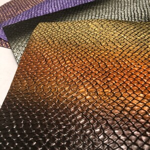 AMAZING EXOTIC PRINTED Leather in Metallic Colors of Purple/Gold, Purple/Silver, Black/Old Silver, Gold/Copper/Brown Crafting Sheets 10”x10”