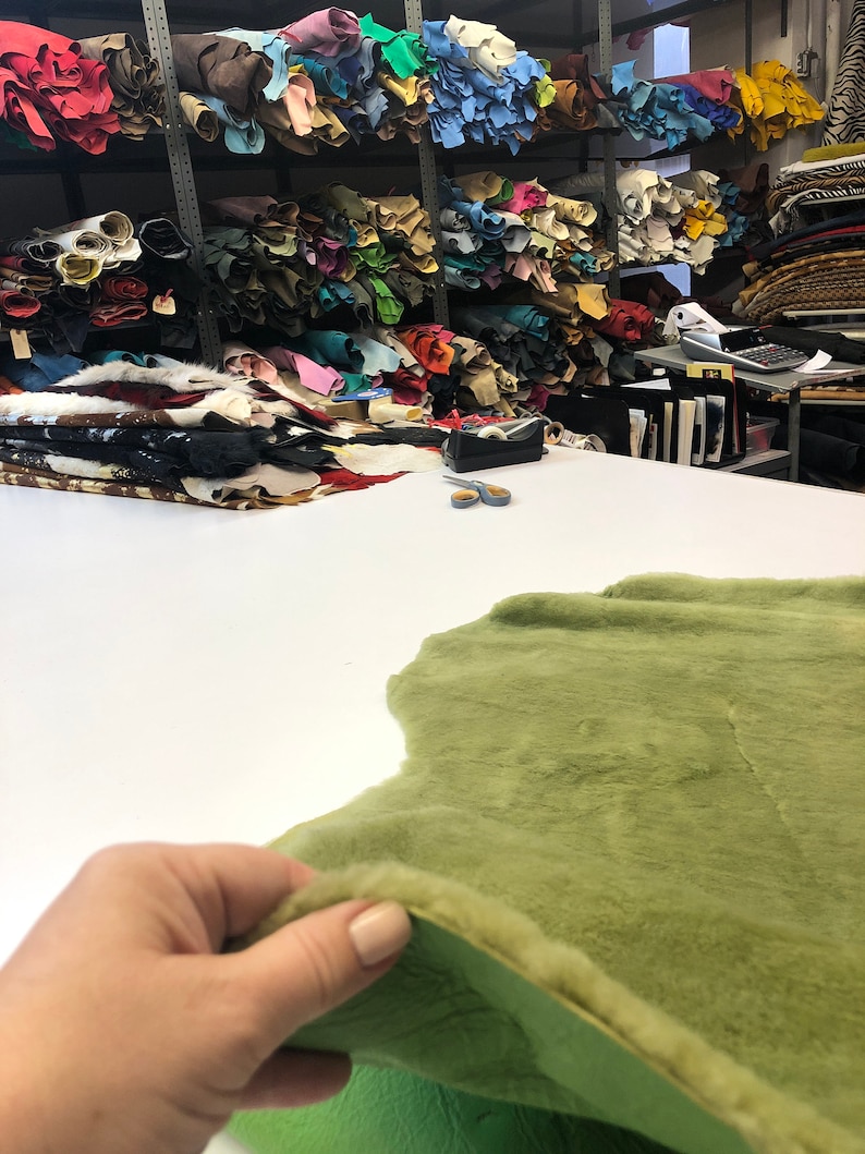 Green Natural Sheepskin Authentic Leather, Jade Green Shearling Hair Color, Neon Green Nappa Leather back, Hair on Sheepskin, Wool image 9