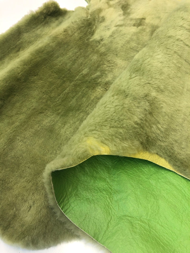 Green Natural Sheepskin Authentic Leather, Jade Green Shearling Hair Color, Neon Green Nappa Leather back, Hair on Sheepskin, Wool image 5