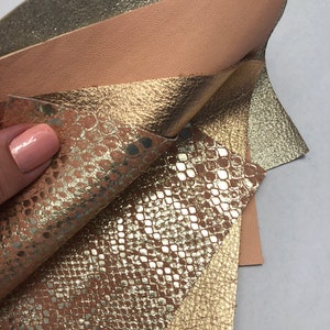 GENUINE Leather Sheets in Soft Shimmering Pale Gold, Peach Soft Supple leather, Metallic Copper, brilliant Gold Snakeskin Print