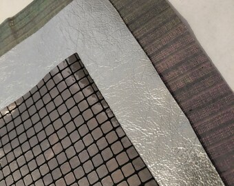 Metallic Leather Sheets, Dark Silver, Pink Lines, Grey Suede, (5.5”x5.5”), Set of 3