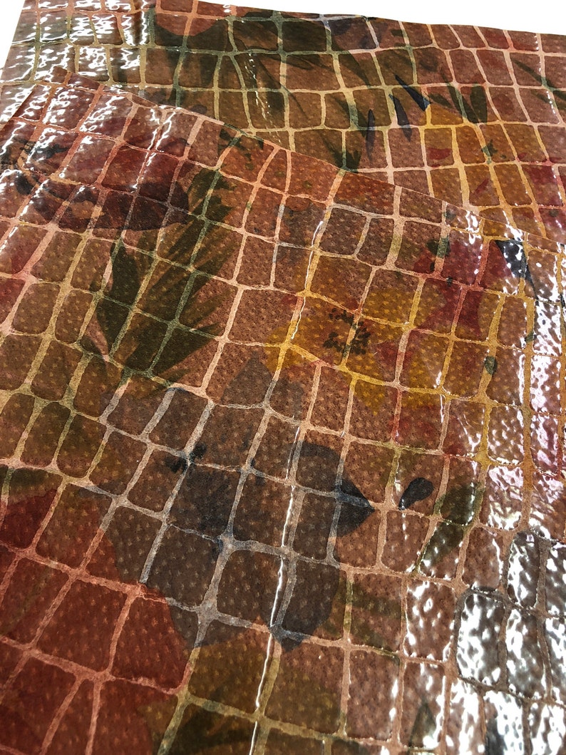 LEATHER SHEET Rust Cogniac Color Large Printed Crocodile with Floral Large Undertone Print in Dark Green Navy Dark Red Thickness 0.7mm