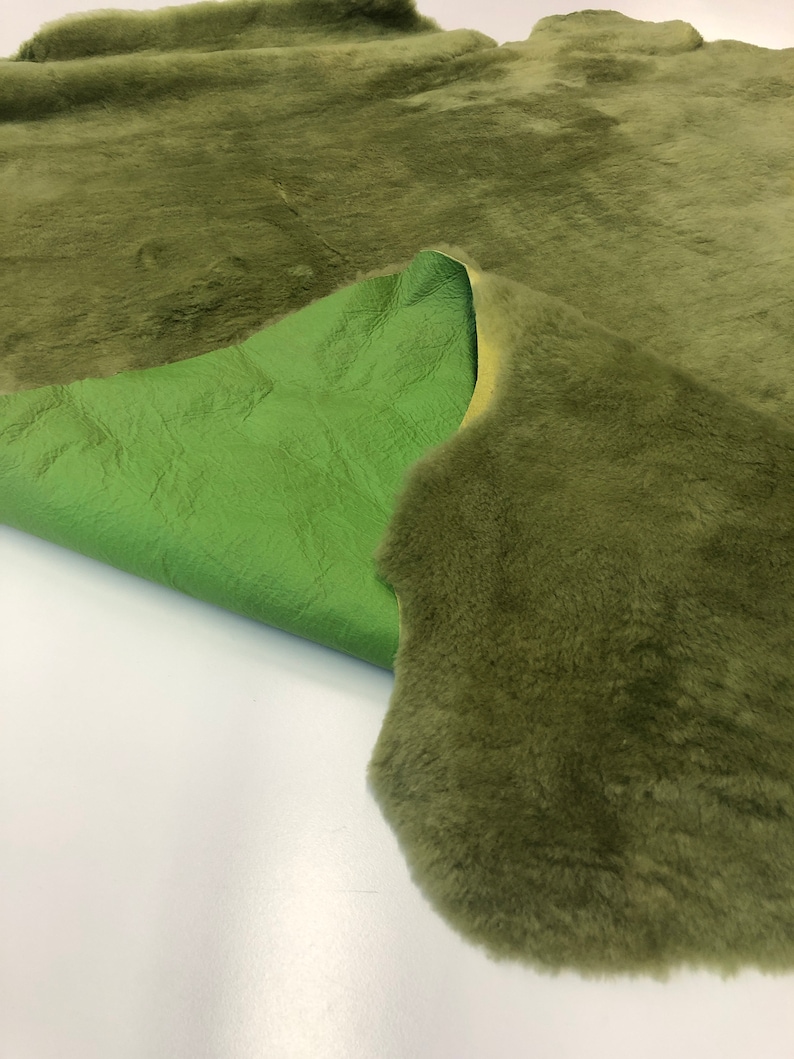 Green Natural Sheepskin Authentic Leather, Jade Green Shearling Hair Color, Neon Green Nappa Leather back, Hair on Sheepskin, Wool image 1