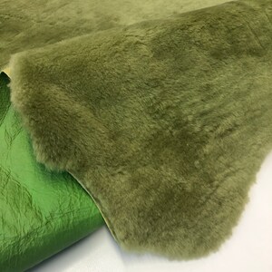 Green Natural Sheepskin Authentic Leather, Jade Green Shearling Hair Color, Neon Green Nappa Leather back, Hair on Sheepskin, Wool image 6