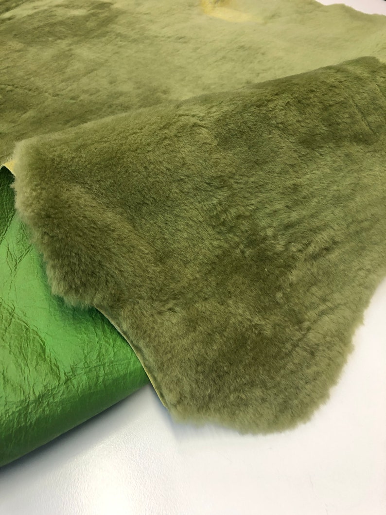 Green Natural Sheepskin Authentic Leather, Jade Green Shearling Hair Color, Neon Green Nappa Leather back, Hair on Sheepskin, Wool image 6