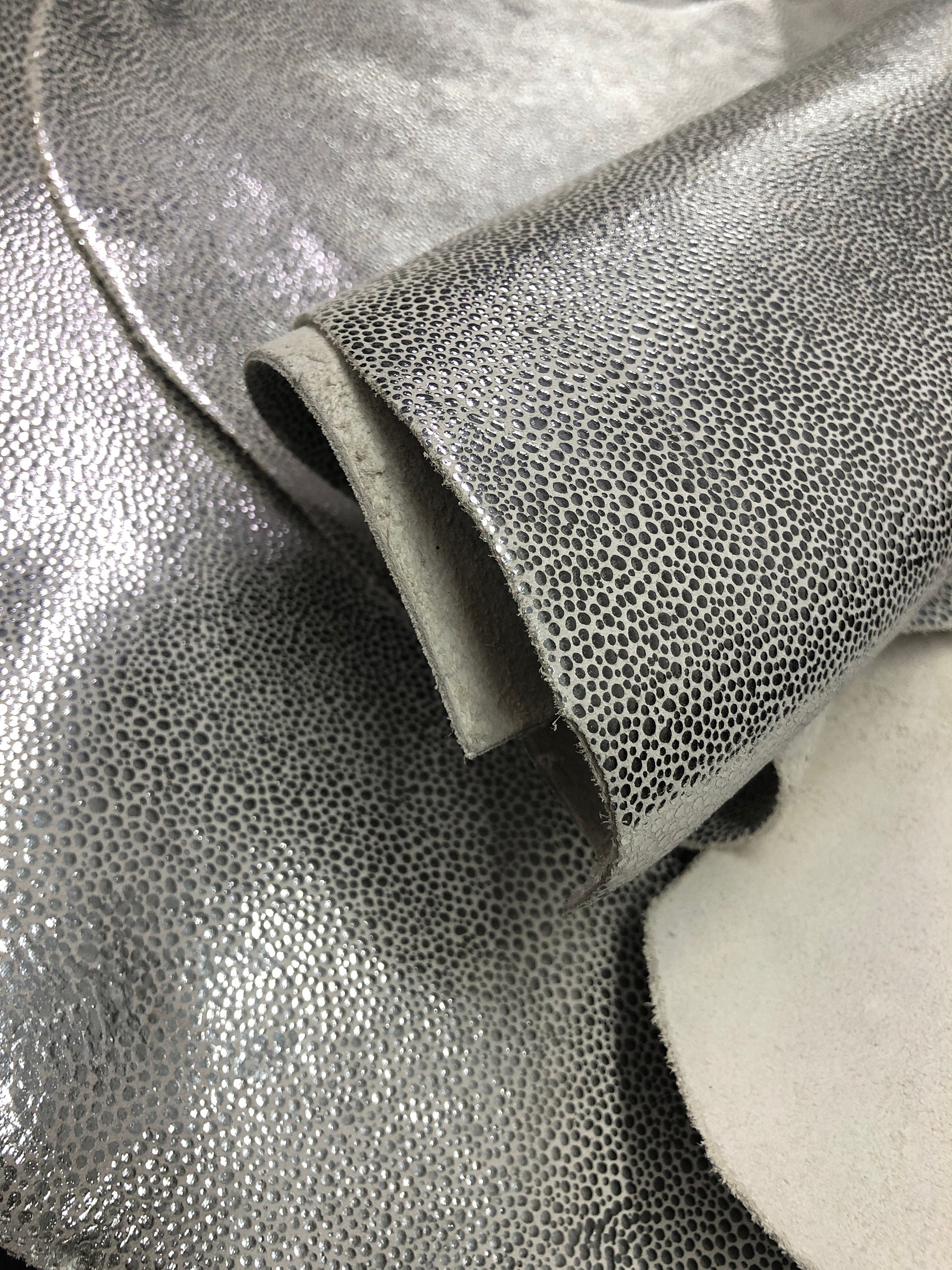 Silver Leather Fabric Shiny Metallic Skin Real Leather Genuine Leather  Material for Sewing and Handcrafting DARK SILVER DUST 826, 0.8mm/2oz 