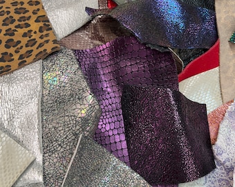 LEATHER SCRAPS, Leather Remnants, An assortment of patterns and plain color leather in different weights
