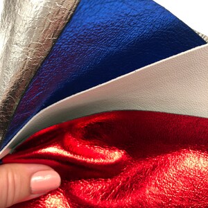 LEATHER 8&quot;X8&quot; RED SILVER Blue Genuine Metallic, White leather, Crafting lightweight 0.6mm leather sheets, Choose Size,buttery Soft Leather