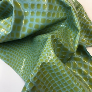 LEATHER CROCO 12&quot;X12&quot; Blue Green PATENT, Real Genuine Lambskin Leather/Embossed Croco Alligator Print Hide,thickness 1.1mm