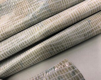 LEATHER Crackled Spring Pastel BABY BLUE Mint Cream Shiny Lines Leather Suede hide, thickness 0.9mm