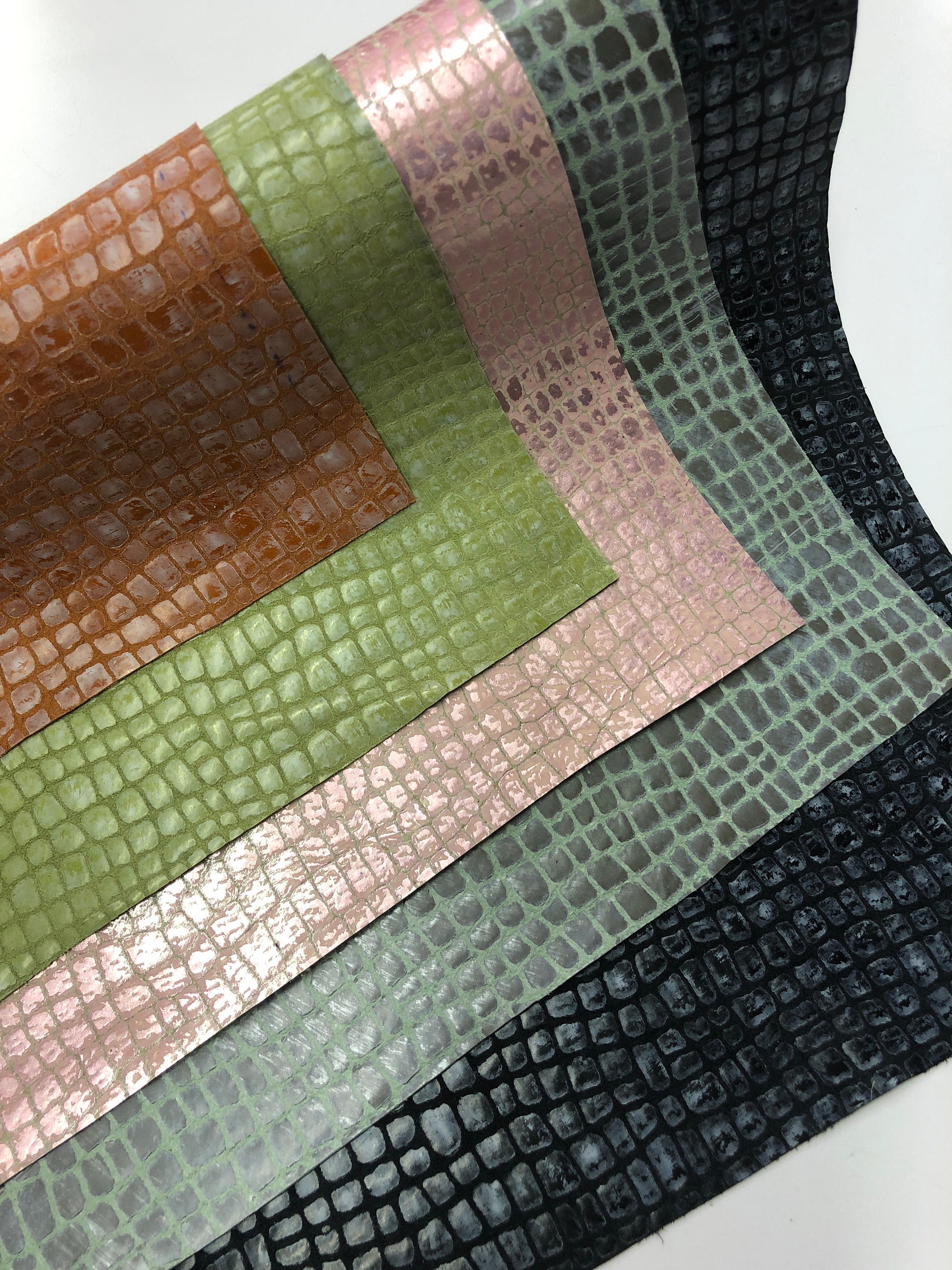 FUN MINI CROC Genuine Leather Embossed Hide in Great Colors of Metallic Pink, Black/Grey, Pistachio, Burned Orange, Mint/Pewter Metallic