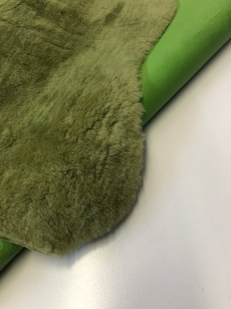 Green Natural Sheepskin Authentic Leather, Jade Green Shearling Hair Color, Neon Green Nappa Leather back, Hair on Sheepskin, Wool image 4