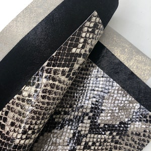 LEATHER 8”x8, LEATHER SKINS, set of 3, Black Cream Python Leather Skin, Black Shiny Micro Printed Pigskin Suede, Shimmering Gold , 0.5-0.7mm